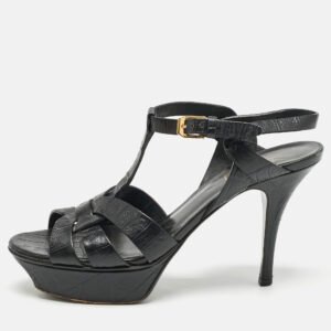 Saint Laurent Black Croc Embossed Leather Tribute Platform Sandals Size 37.5