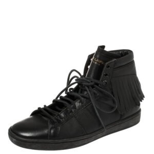Saint Laurent Black Leather Classic Court Fringe Sneakers Size 36
