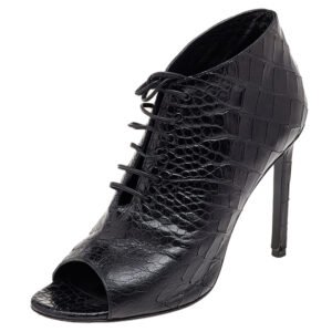 Saint Laurent Black Croc Embossed Leather Peep Toe Ankle Booties Size 37.5