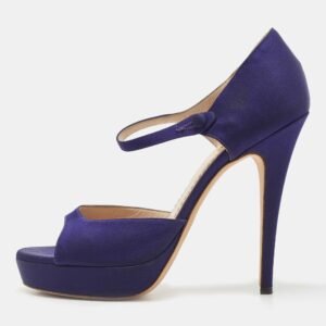 Saint Laurent Navy Blue Satin Ankle Strap Platform Open Toe Pumps Size 38.5