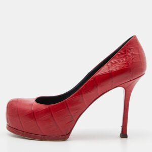 Saint Laurent Red Croc Embossed Leather Tribtoo Platform Pumps Size 37