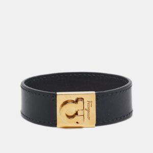 Salvatore Ferragamo Gancini Black Leather Gold Tone Bracelet