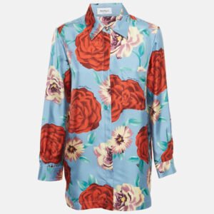 Salvatore Ferragamo Blue Rose Print Silk Long Sleeve Shirt M