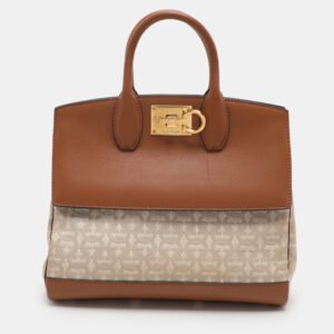 Salvatore Ferragamo Beige/Brown Canvas and Leather Medium The Studio Tote