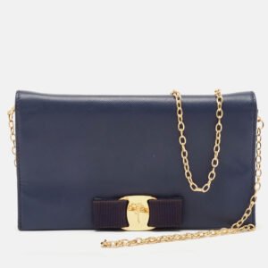 Salvatore Ferragamo Navy Blue Leather Vara Bow Flap Wallet On Chain