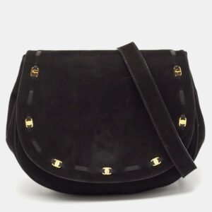 salvatore ferragamo black suede logo flap crossbody bag