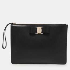 Salvatore Ferragamo Black Leather Vara Bow Wristlet Clutch