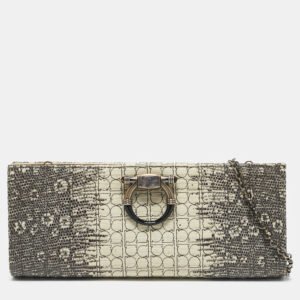 Salvatore Ferragamo Cream/Beige Lizard Gancini Chain Clutch