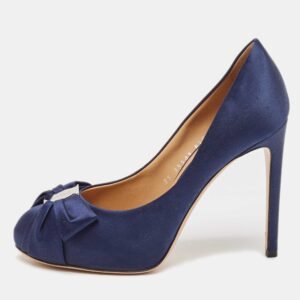 Salvatore Ferragamo Navy Blue Satin Bow Platform Pumps Size 37