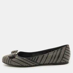 Salvatore Ferragamo Black Leather Studded Varina Bow Ballet Flats Size 37.5