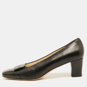 Salvatore Ferragamo Black  Leather Bow Block Heel Pumps Size 37