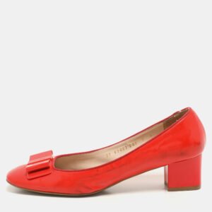 Salvatore Ferragamo Red Patent Leather Elinda Block Heel Bow Pumps Size 39.5