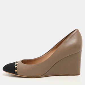 Salvatore Ferragamo Taupe Leather Nana Cap Toe Chain Detail Wedge Pumps Size 38