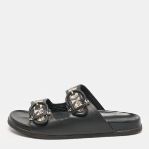 Salvatore Ferragamo Black/Off White Logo Print Fabric and Leather Gairo T Flat Slides Size 39.5