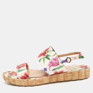 Salvatore Ferragamo Multicolor Floral Print Leather Lusia Flat Sandals Size 38.5
