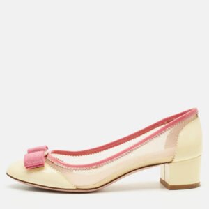 Salvatore Ferragamo Cream Mesh and Patent Leather Elinda Block Heel Pumps Size 37