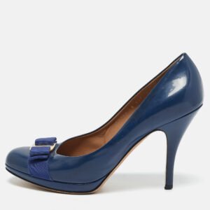 salvatore ferragamo blue patent leather vara bow pumps size 39