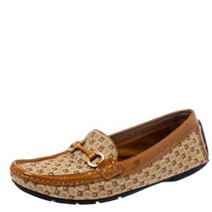Salvatore Ferragamo Beige/Caramel Gancini Canvas and Patent Leather Loafers Size 37.5