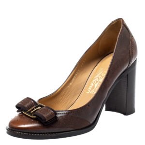 luxury-women-salvatore-ferragamo-used-shoes-p403709-003 Salvatore Ferragamo Brown Leather Vara Bow Block Heels Pumps Size 38