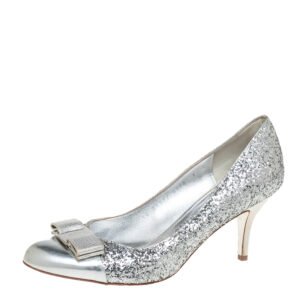 luxury-women-salvatore-ferragamo-used-shoes-p446075-007 Salvatore Ferragamo Silver Glitter Vara Bow Pumps Size 38.5
