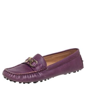 Salvatore Ferragamo Purple Lizard Embossed  Leather Gancini Bit Loafers Size 36