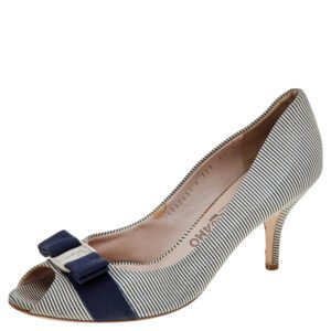 Salvatore Ferragamo Blue/White Canvas Vara Bow Peep Toe Pumps Size 39
