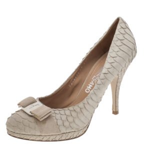 Salvatore Ferragamo Beige Python Vara Bow Platform Pumps Size 38.5