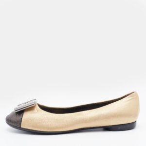 Salvatore Ferragamo Metallic Gold/Black Leather Cap Toe Metal Trim Ballet Flats Size 36
