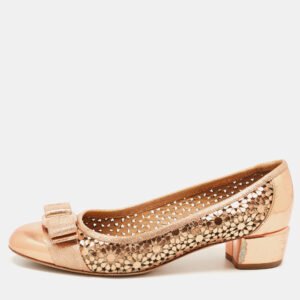 Salvatore Ferragamo Metallic Leather Laser Cut Vara Bow Pumps Size 36.5