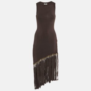Sandro Brown Knit Fringed Beaded Hem Bodycon Dress S