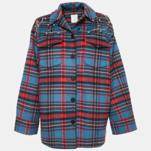 Sandro Multicolor Plaid Embellished Wool Blend Single Breasted Jacket XL