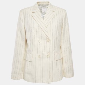 Sandro Off-White Striped Cotton Blend Double Breasted Blazer XL