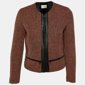 Sandro Red Lurex Tweed Zip Front Jacket S