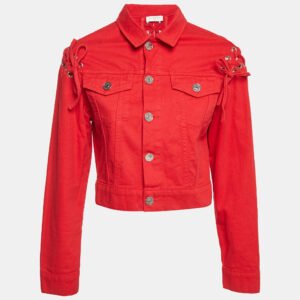 luxury-women-sandro-used-clothes-p1144621-007 Sandro Red Denim Button Front Lace-Up Detail Jacket M
