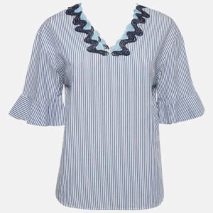 Sandro Blue Striped Cotton Neck Detail Blouse S