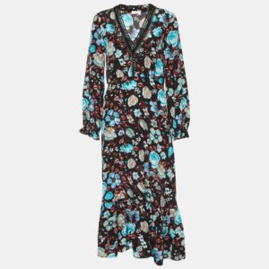 luxury-women-sandro-used-clothes-p971477-003 Sandro Black Floral Printed Silk Midi Dress S