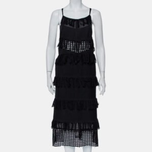 Sea Black Cotton Cutwork Paneled Fringed Midi Dress M