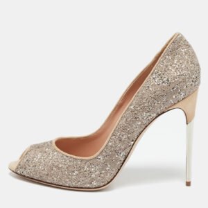 Sebastian Beige/Silver Lace and Glitter Peep Toe Pumps Size 40.5