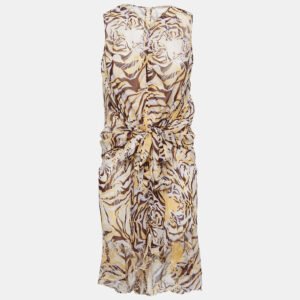 See by Chloe Brown/Yellow Tiger Print Silk Tie Waist Sleeveless Short Dress S