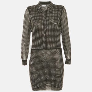 Self-Portrait Black Rhinestone Stretch Tulle Mini Shirt Dress S