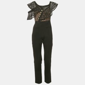 Self-Portrait Black Crepe and Lace Frill Asymmetric Jumpsuit S