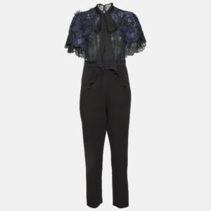 Self-Portrait Black/Blue Cady & Lace Ruffled Tie-Neck Jumpsuit M