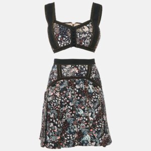 Self-Portrait Black Floral Jacquard Top and Pleated Skirt Set M/S