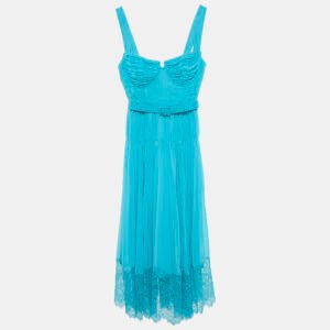 Self-Portrait Blue Pleated Chiffon Sleeveless Midi Dress S