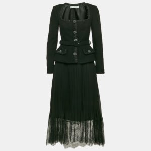 Self-Portrait Black Tweed and Chiffon Pleated Tailored Bodice Midi Dress M