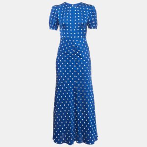 Self-Portrait Blue Polka Dot Print Satin Long Dress S