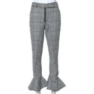 Self Portrait Monochrome Checkered Ruffled Hem Belted Cropped Pants S