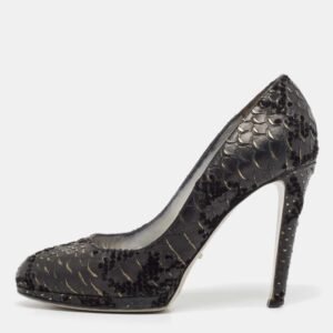 Sergio Rossi Black Python Embossed Leather Platform Pumps Size 36.5