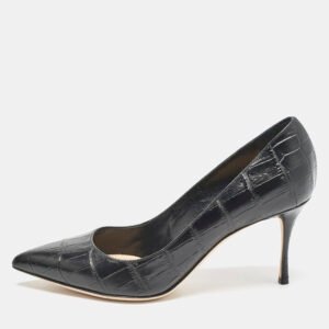 Sergio Rossi Black Croc Embossed Leather Pointed-Toe Pumps Size 39
