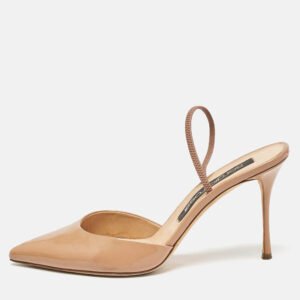 luxury-women-sergio-rossi-used-shoes-p1144637-010 Sergio Rossi Beige Patent Leather Godiva Pointed Toe Slingback Pumps Size 40